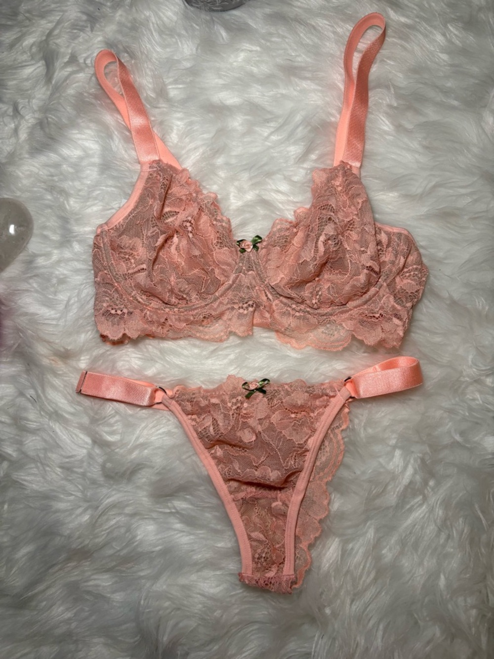 Sheer Lace Underwire Bra & Thong Set in Peach